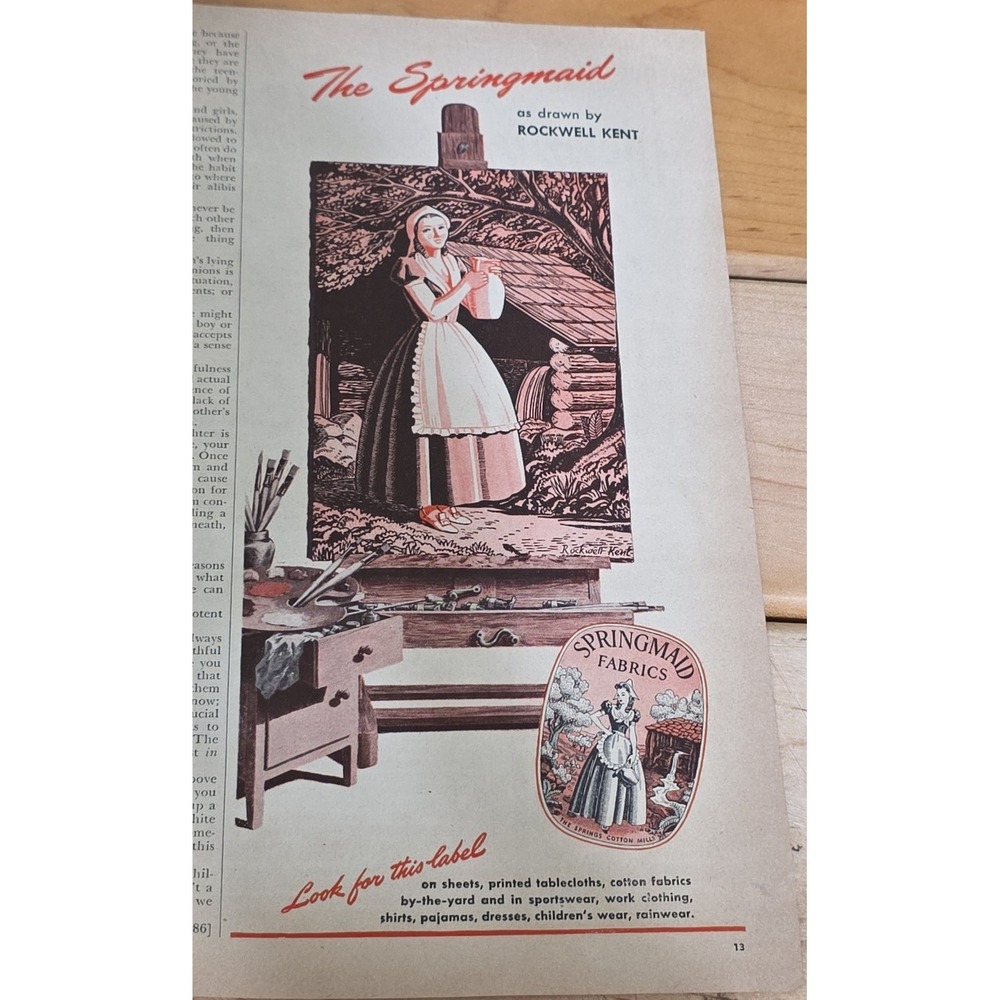 1946 Springmaid Fabrics Print Ad Rockwell Kent Illustration Art 40s Ephemera
